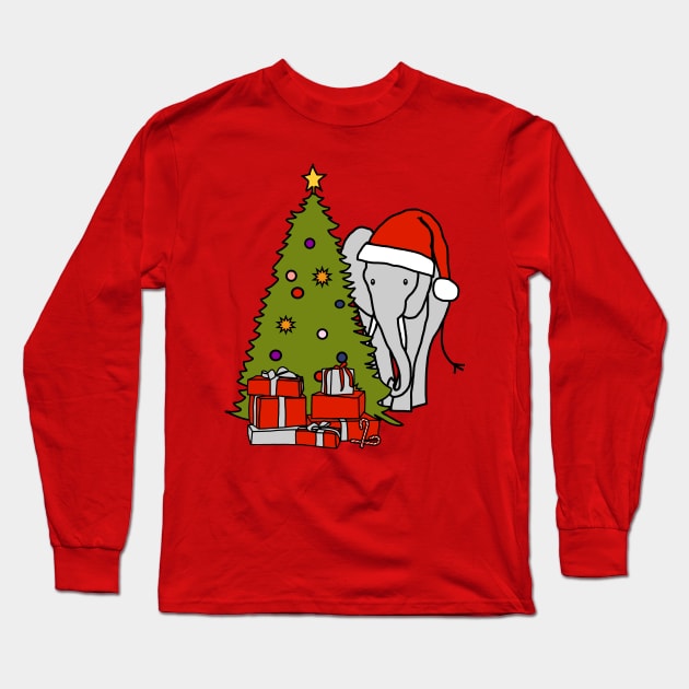 Elephant in Santa Hat and Christmas Tree Long Sleeve T-Shirt by ellenhenryart